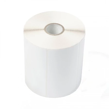 Caixa de 6 rolos de etiquetas de transferência térmica com acabamento semi-brilhante de 102 x 74mm. Cada rolo contém 1.100 etiquetas