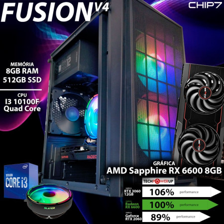 COMPUTADOR GAMING - I3 10100F QUAD CORE / AMD RX 6600 8GB / 8GB RAM / 512GB SSD - CHIP7 FUSION V4