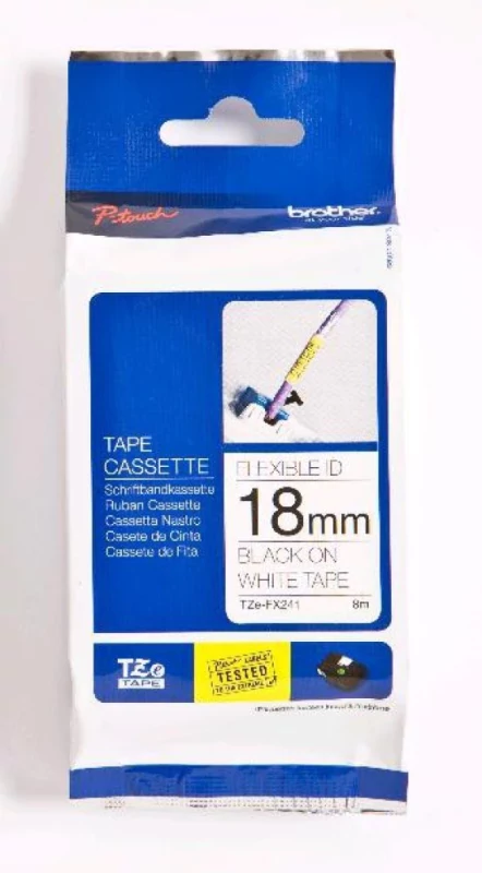 Fita BROTHER Laminada Flexível com texto Preto e fundo Branco 18mm x 8m