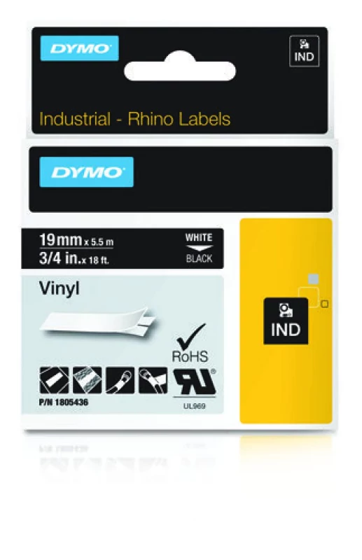 Dymo RHINO 1805436 vinil branco sobre preto 19mm