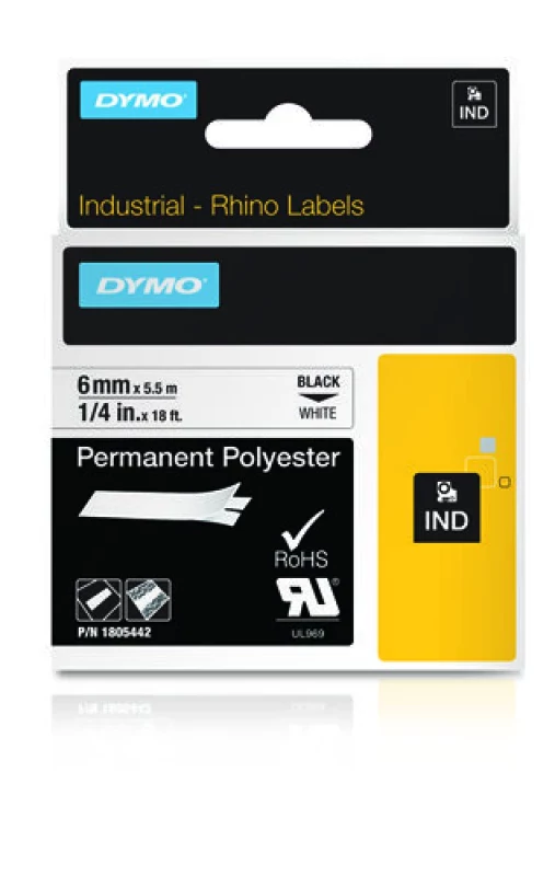 Dymo RHINO 1805442 poliéster permanente preto sobre branco 6mm