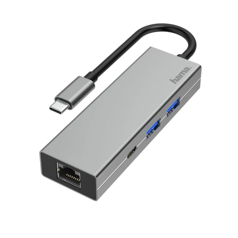 Hub HAMA USB-C Multiportas 4 Portas 2x USB-A 1xUSB-C 1xLAN/Ethernet Alumínio - 200108