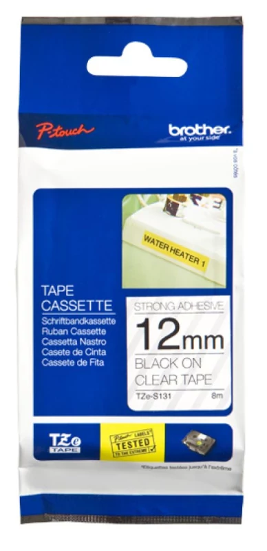 Fita BROTHER Laminada Super Adesiva com texto preto e fundo transparente 12mm x 8m
