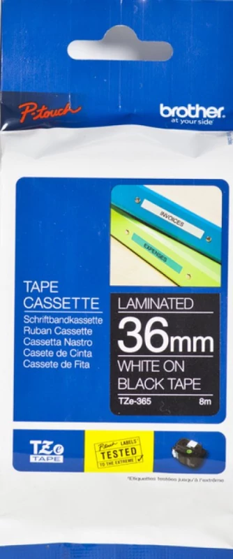 Fita BROTHER Laminada com texto Branco e fundo Preto 36mm x 8m