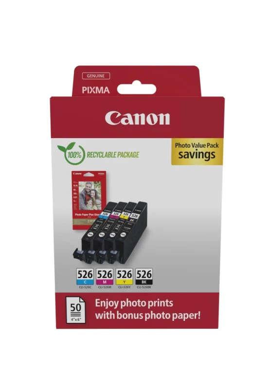Pack económico de tinteiro Canon CLI-526 BK/C/M/Y + papel fotográfico