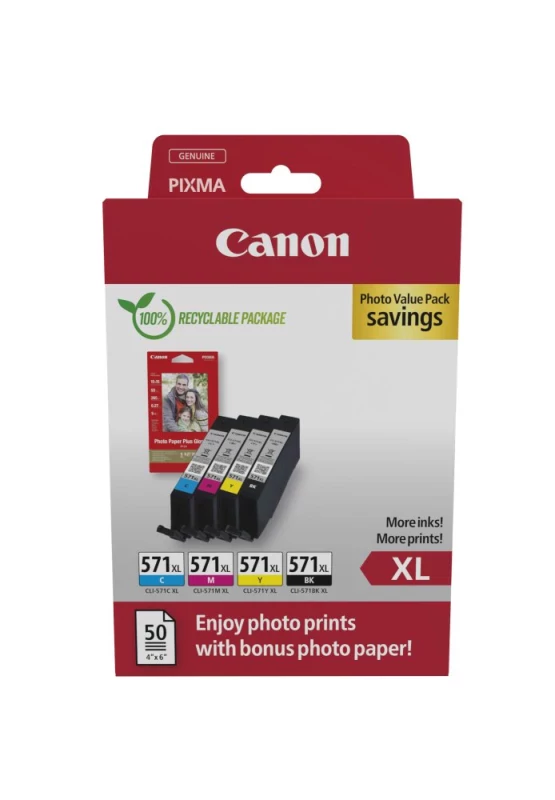Tinteiro Canon CLI-571XL BK/C/M/Y PHOTO VALUE - 4x6 Photo Paper (PP-201 50sheets) + Cyan XL Magenta XL Yellow XL Photo Black XL