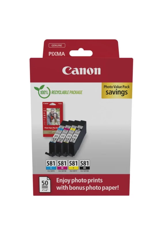 Tinteiro Canon CLI-581 BK/C/M/Y + Pack económico de papel fotográfico