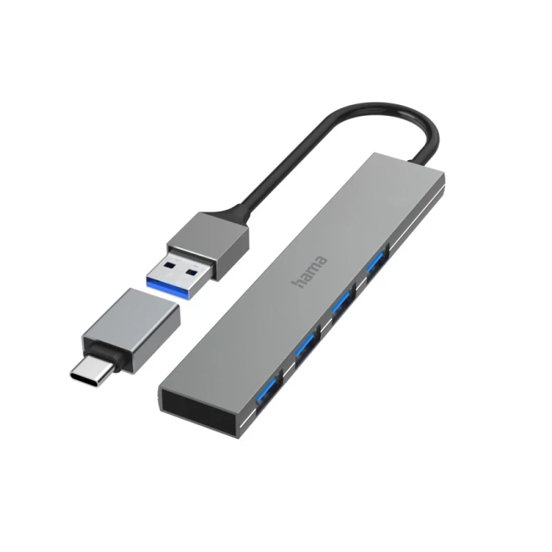 Hub HAMA USB 4 Ports USB 3.2 Gen 1 5 Gbit/s Ultra-Slim incluí Adaptador USB-C