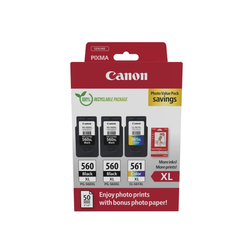 Pack económico de 2 tinteiros Canon PG-560XL/1 tinteiro Canon CL-561XL + papel fotográfico