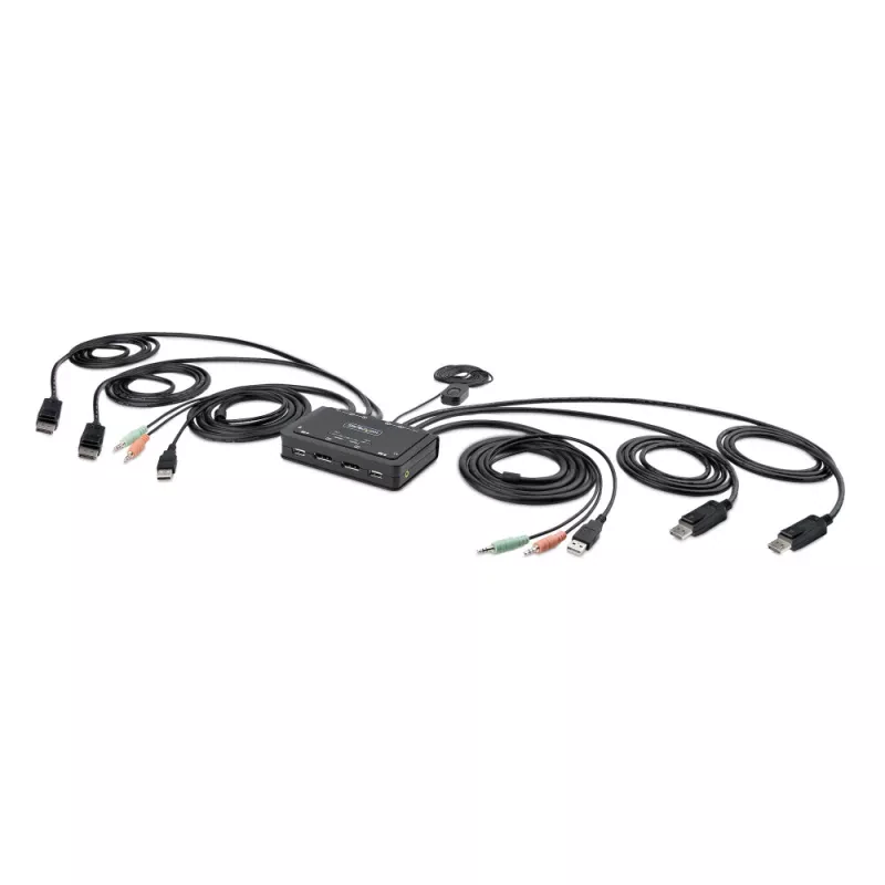 StarTech.com 2-Port Dual-Monitor DisplayPort Cable KVM Switch, 4K 60Hz, Compact KVM with 5ft/1.5m USB-A/DisplayPort/Audio Integrated Cables, Bus Powered - Remote Push Button/Hotkey Switching (C2-DD46-UA2-CBL-KVM) - Chave de KVM / áudio / USB - compac