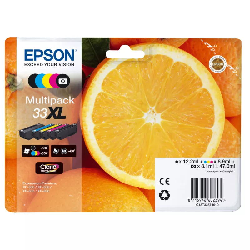 Epson 33XL Multipack - Pack de 5 - 47 ml - XL - preto, amarelo, azul cyan, magenta, preto foto - original - blister com RF/alarme acústico - tinteiro - para Expression Premium XP-530, XP-630, XP-635, XP-640, XP-645, XP-830, XP-900