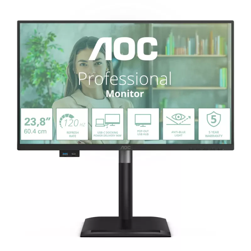 AOC MONITOR IPS 24" (23.8") 16:9 FHD 4MS 120HZ HDMI DP USB COLUNAS HAS 24P4CV