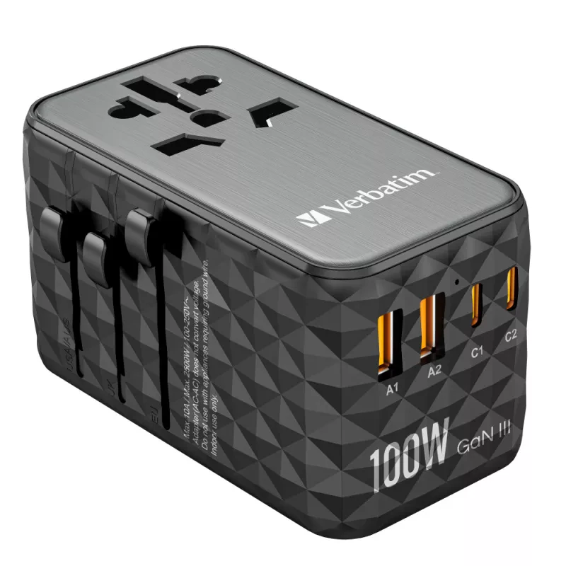 VERBATIM CARREGADOR ADAPT VIAGEM GANIII 2xUSB-C 2xUSB-A PD100W