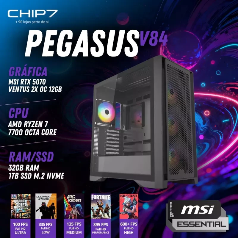 COMPUTADOR GAMING - AMD Ryzen 7 7700 / RTX 5070 12GB / 32GB RAM / 1TB SSD - CHIP7 PEGASUS V84 Powered By MSI