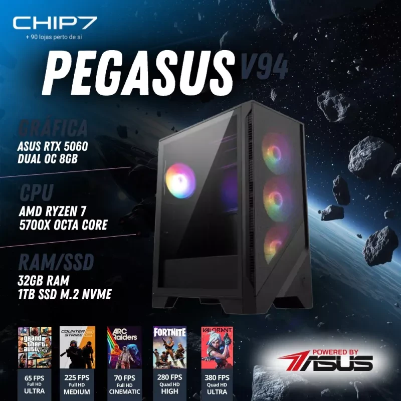 COMPUTADOR GAMING - AMD RYZEN 7 5700X / RTX 5060 8GB / 32GB RAM / 1TB SSD - CHIP7 PEGASUS V94