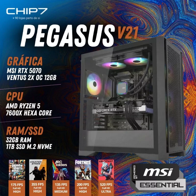 COMPUTADOR GAMING - AMD Ryzen 5 7600X / NVIDIA RTX 5070 12GB / 32GB RAM / 1TB SSD - CHIP7 PEGASUS V21 Powered By MSI