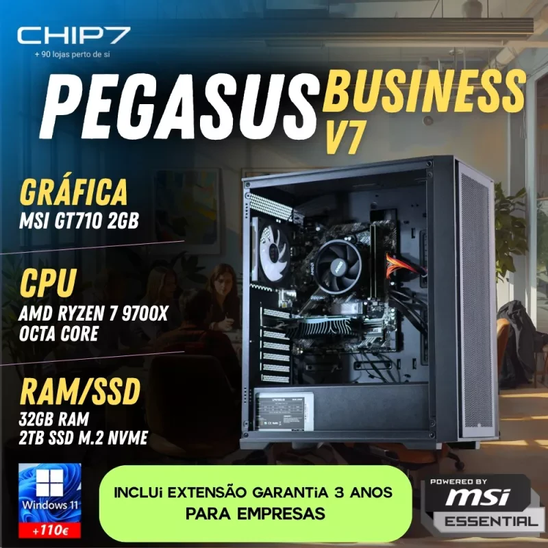 COMPUTADOR TRABALHO - AMD Ryzen 7 9700X / GT 710 2GB / 32GB RAM / 2TB SSD / S/SO - CHIP7 PEGASUS BUSINESS V7 Powered By MSI