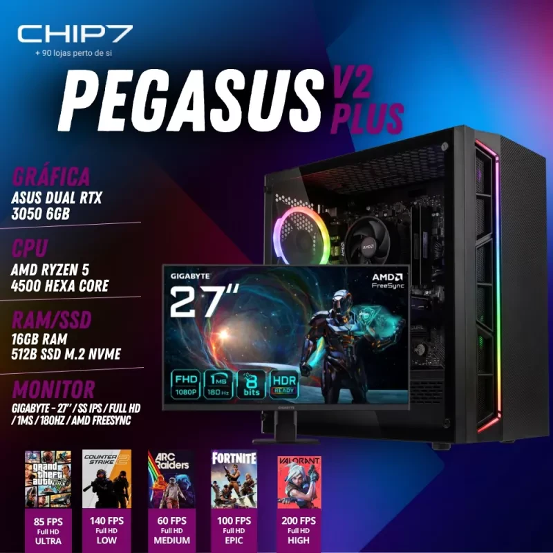 COMPUTADOR GAMING - AMD Ryzen 5 4500 / RTX 3050 6GB / 16GB RAM / 500GB SSD / Monitor Gigabyte 27" SS IPS Full HD 1ms 180Hz AMD Freesync GS27FA - CHIP7 PEGASUS V2 PLUS
