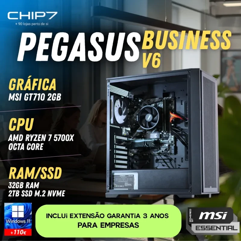 COMPUTADOR TRABALHO - AMD Ryzen 7 5700X / GT 710 / 32GB RAM / 2TB SSD / S/SO - CHIP7 PEGASUS BUSINESS V6 Powered By MSI