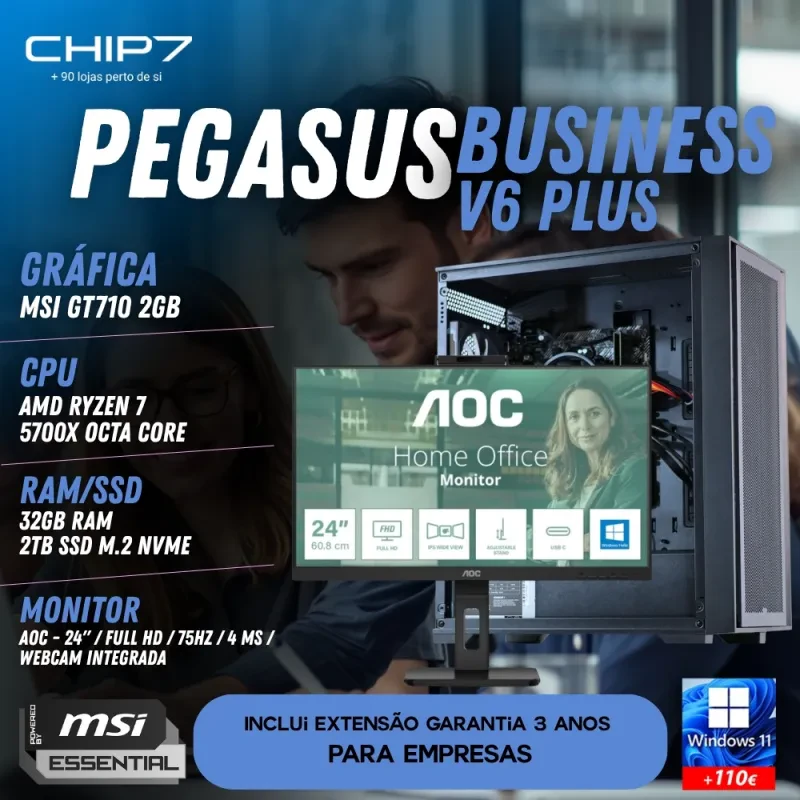 COMPUTADOR TRABALHO - AMD Ryzen 7 5700X / GT 710 / 32GB RAM / 2TB SSD / Monitor AOC 24" Full HD IPS 4ms 75Hz 24P3CW / S/SO - CHIP7 PEGASUS BUSINESS V6 PLUS Powered By MSI
