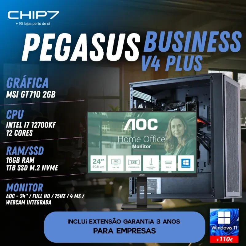 COMPUTADOR TRABALHO - Intel I7 12700KF / GT 710 / 16GB RAM / 1TB SSD / Monitor AOC 24" Full HD IPS 4ms 75Hz 24P3CW / S/SO - CHIP7 PEGASUS BUSINESS V4 PLUS