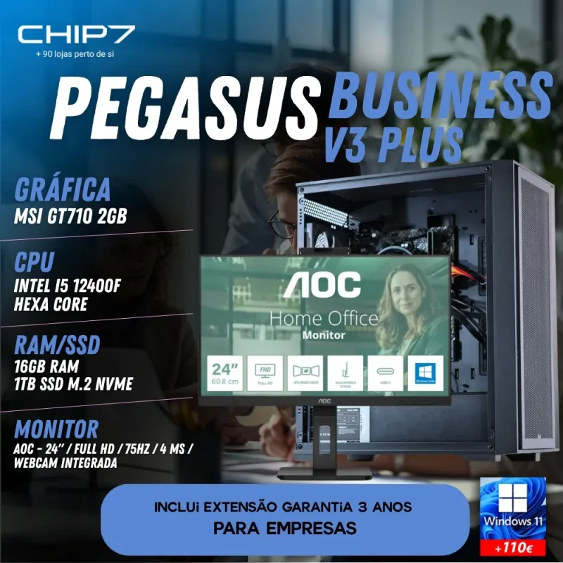 COMPUTADOR TRABALHO - Intel I5 12400F / GT 710 / 16GB RAM / 1TB SSD / Monitor AOC 24" Full HD IPS 4ms 75Hz 24P3CW / S/SO - CHIP7 PEGASUS BUSINESS V3 PLUS
