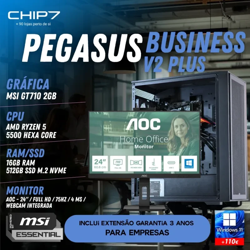COMPUTADOR TRABALHO - AMD Ryzen 5 5500 / GT710 2GB / 16GB RAM / 500GB SSD / Monitor AOC 24" Full HD IPS 4ms 75Hz 24P3CW / S/SO - CHIP7 PEGASUS BUSINESS V2 PLUS Powered By MSI