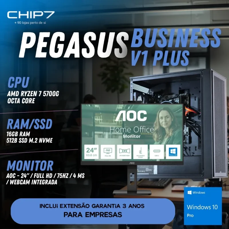 COMPUTADOR TRABALHO - AMD Ryzen 7 5700G / 16GB RAM / 500GB SSD / Windows 11 Pro / Monitor AOC 24" Full HD IPS 4ms 75Hz 24P3CW - CHIP7 PEGASUS BUSINESS V1 PLUS