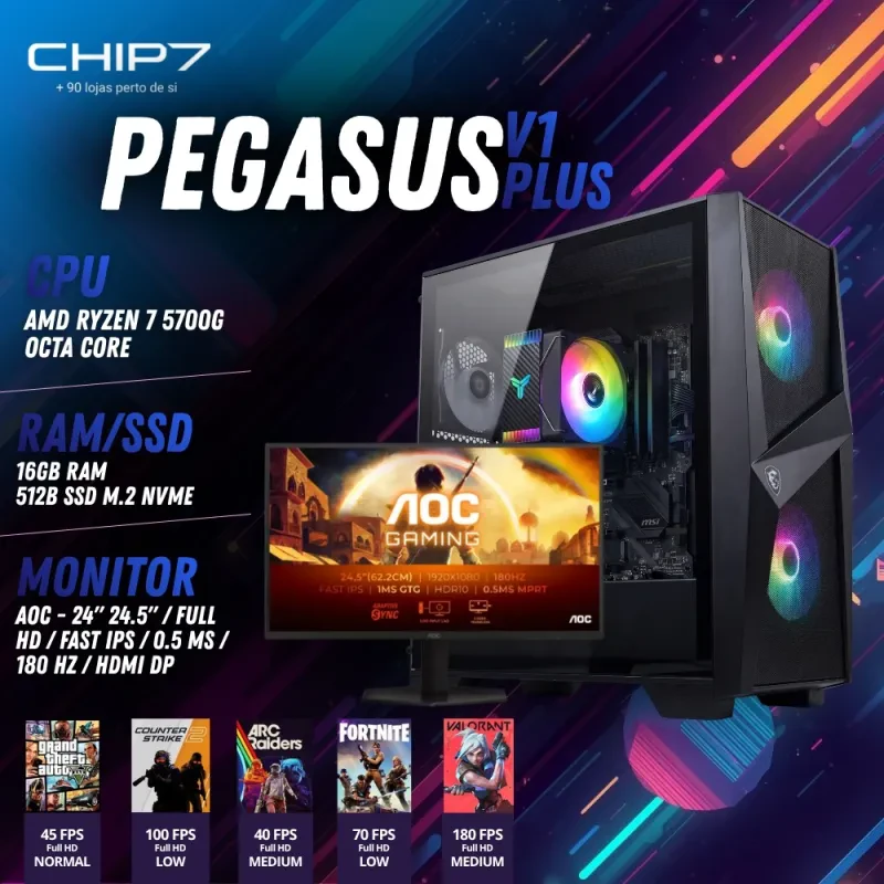 COMPUTADOR GAMING - AMD Ryzen 7 5700G / 16GB RAM / 500GB SSD / Monitor AOC 24.5" Full HD 0.5ms 180Hz - CHIP7 Pegasus V1 PLUS