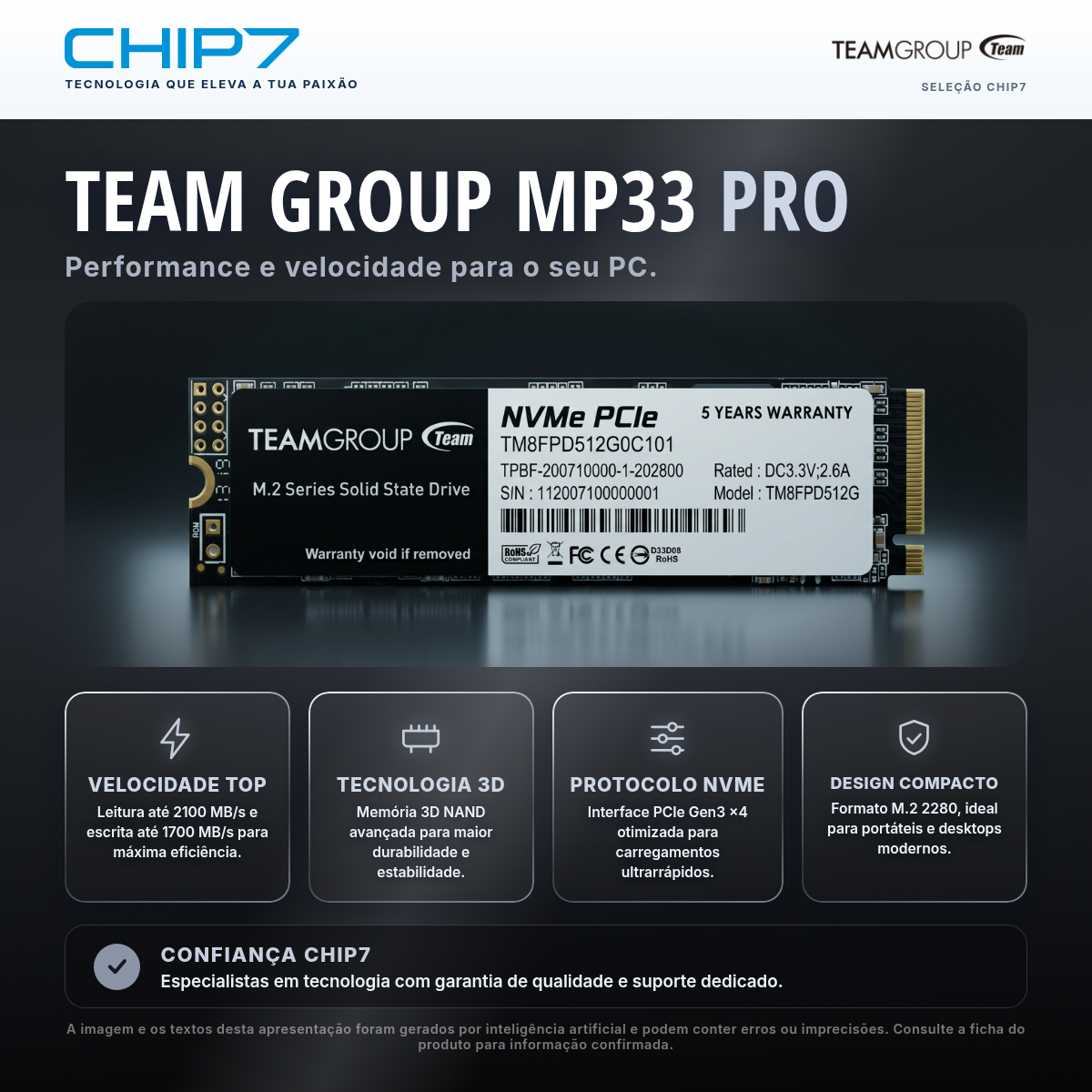TEAM GROUP MP33 Pro 512GB PCIe Gen3 x4 NVMe M.2 SSD 2100/1700 MB/s