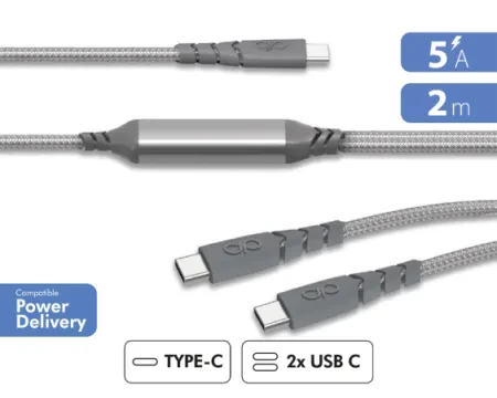 Cabo Force Power USB-C para 2x USB-C Ultra Reforçado 60W Power Delivery 2m 5A Cinzento