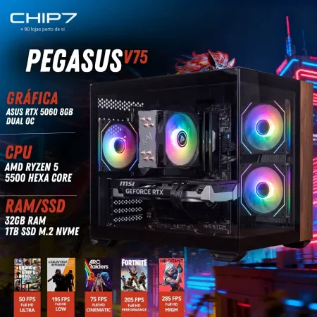 COMPUTADOR GAMING - AMD Ryzen 5 5500 / NVIDIA RTX 5060 8GB / 32GB RAM / 1TB SSD / Windows 11 Home - CHIP7 Pegasus V75