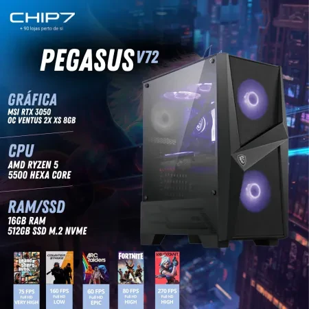 COMPUTADOR GAMING - AMD Ryzen 5 5500 / RTX 5050 8GB / 16GB RAM / 500GB SSD - CHIP7 PEGASUS V72