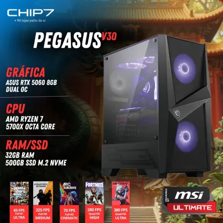 COMPUTADOR GAMING - AMD Ryzen 7 5700X / NVIDIA RTX 5060 8GB / 32GB RAM / 500GB SSD / Rato MSI Clutch GM08 / Teclado MSI Vigor GK30 / Adaptador de Rede MSI AX1800 - CHIP7 PEGASUS V30