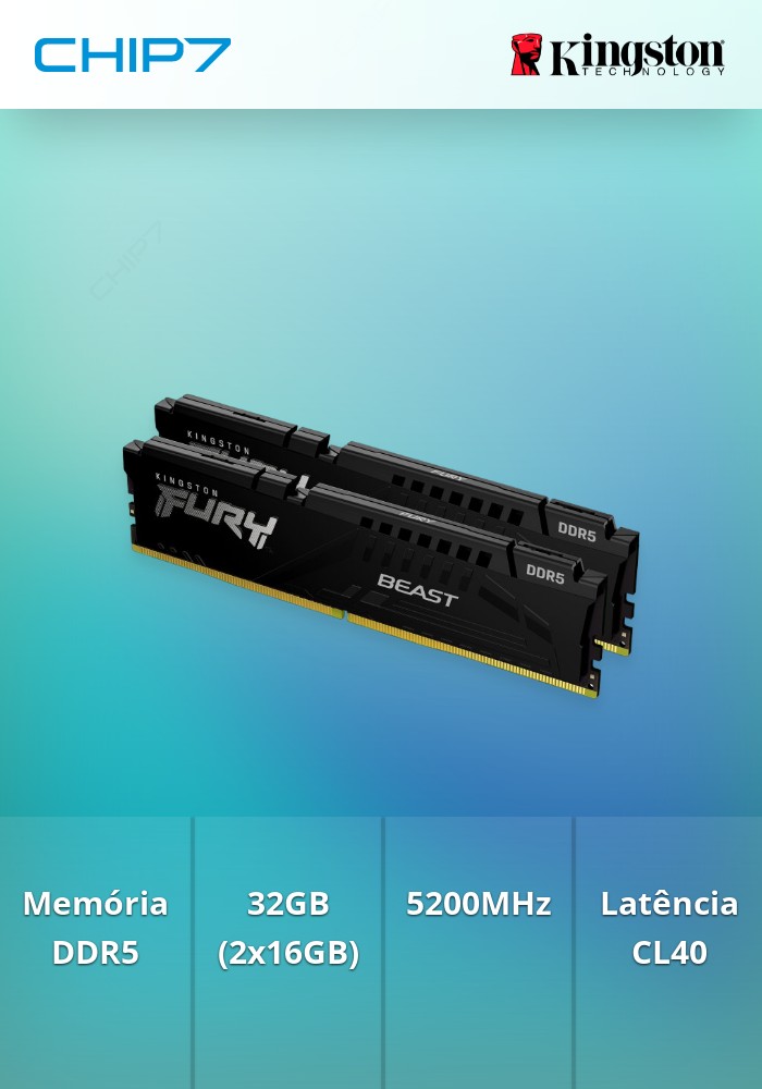 32GB 5200MHz DDR5 CL40 DIMM (Kit of 2) FURY Beast Black