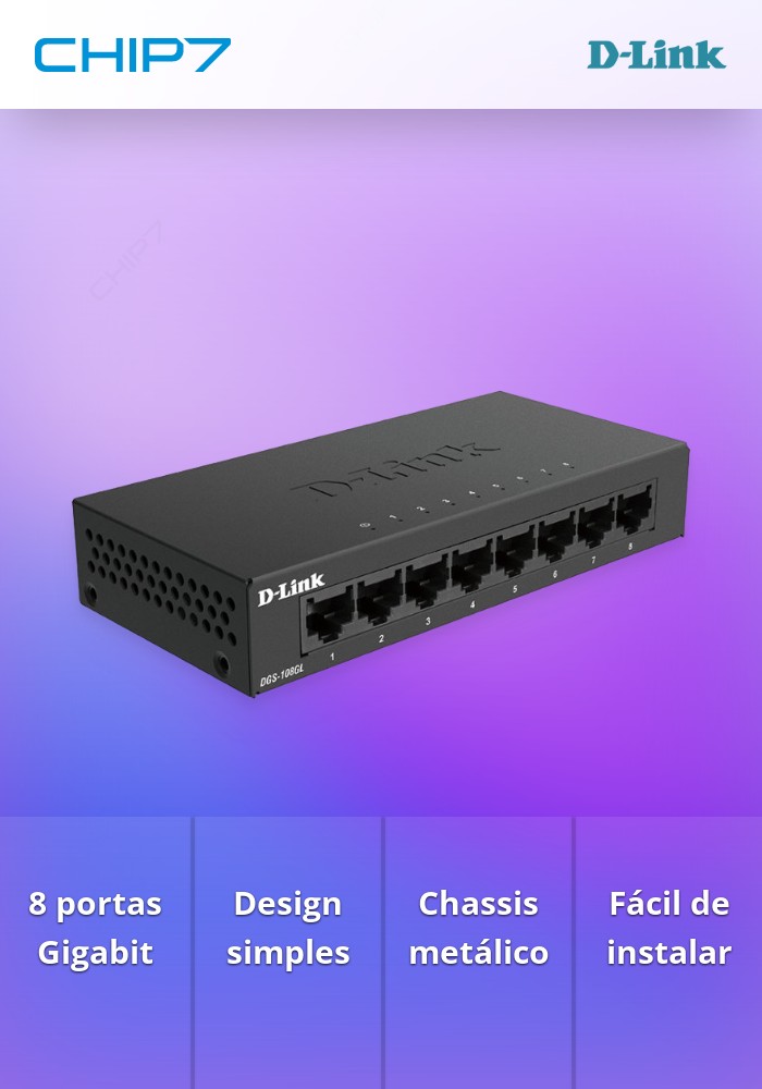 Switch D-Link 8 Portas Gigabit, Sem Gestão, Chassis Metálico