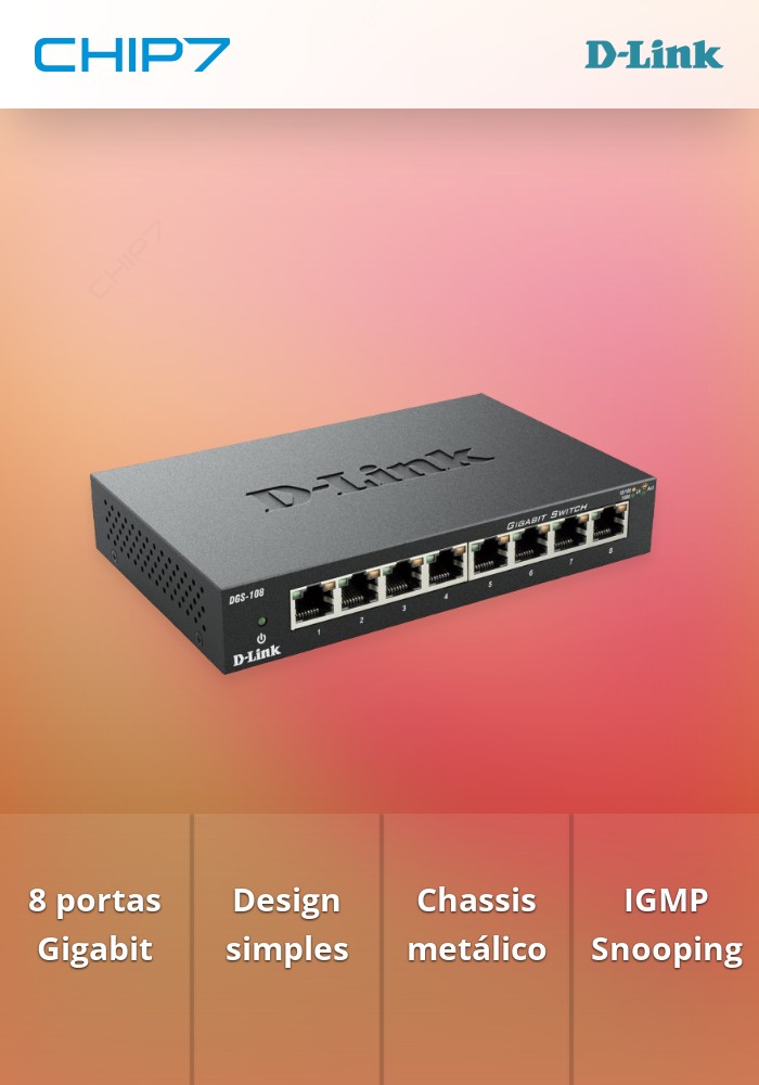 Switch D-Link 8 Portas Gigabit Sem gestão, Chassis metálico, IGMP Snooping