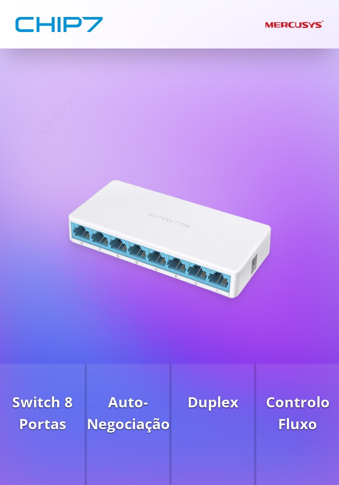 Switch Mercusys MS108, 8 portas 10/100Mbps, que permite ligar em rede até 8 equipamentos com velocidade 10/100 Mbps.