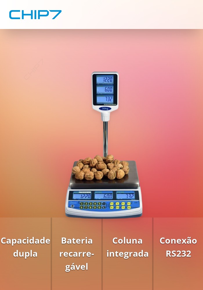 Balança DDIGITAL VW15/30 - 15Kg/5Gr 30Kg/10Gr c/ Bateria & Coluna - RS232