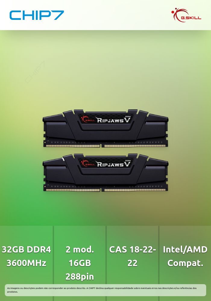 Memória RAM G.SKILL Ripjaws V 32GB (2x16GB) DDR4-3600MHz CL18 Preta