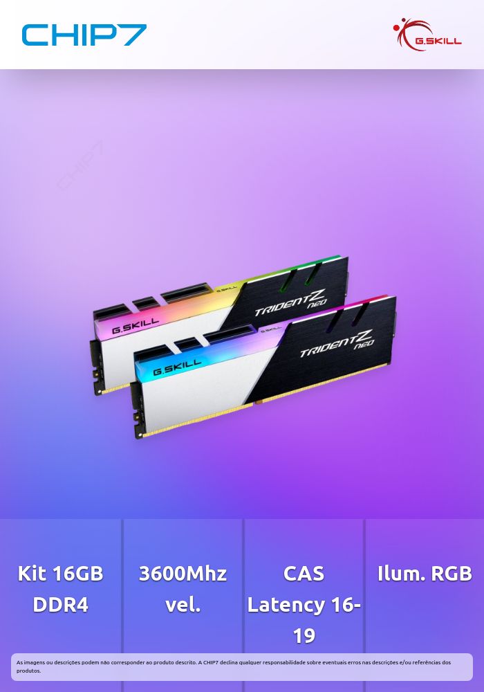 Memória RAM G.SKILL Trident Z Neo RGB 16GB (2x8GB) DDR4-3600MHz CL16 Preta