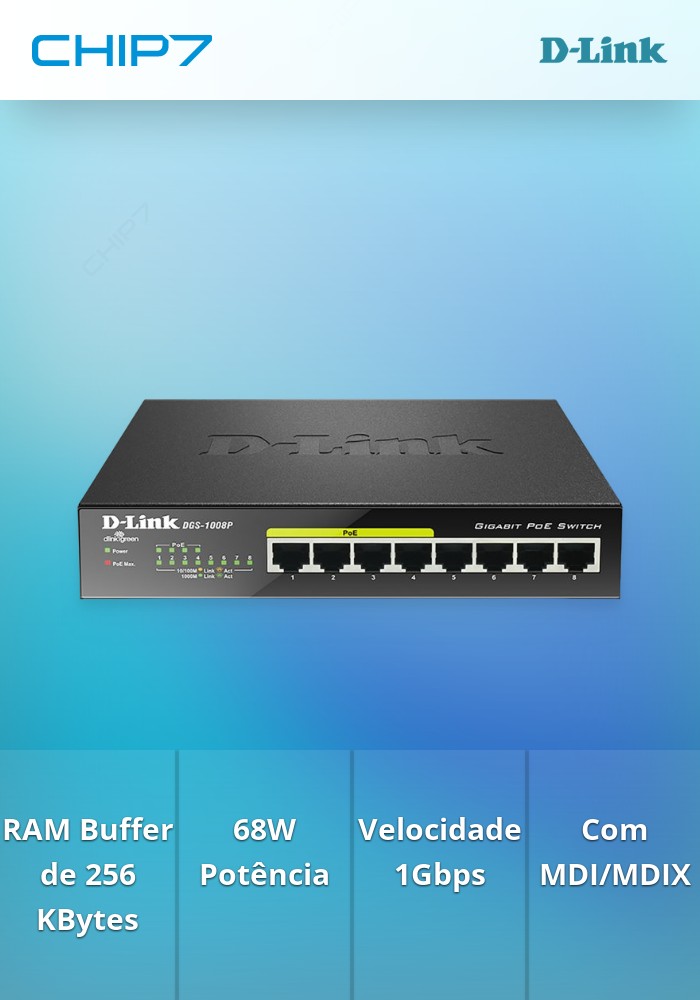 Switch D-Link 8 Portas gigabit, 4 PoE+ 68W Power Budget