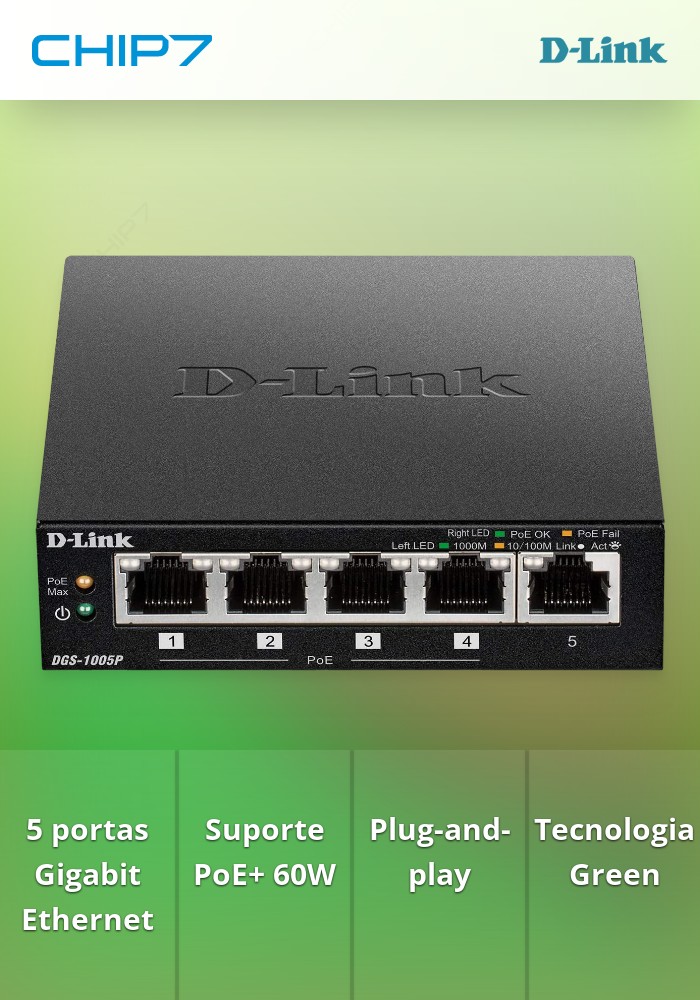 Switch D-Link 5 Portas 10/100/1000 Gigabit PoE+ (60W)