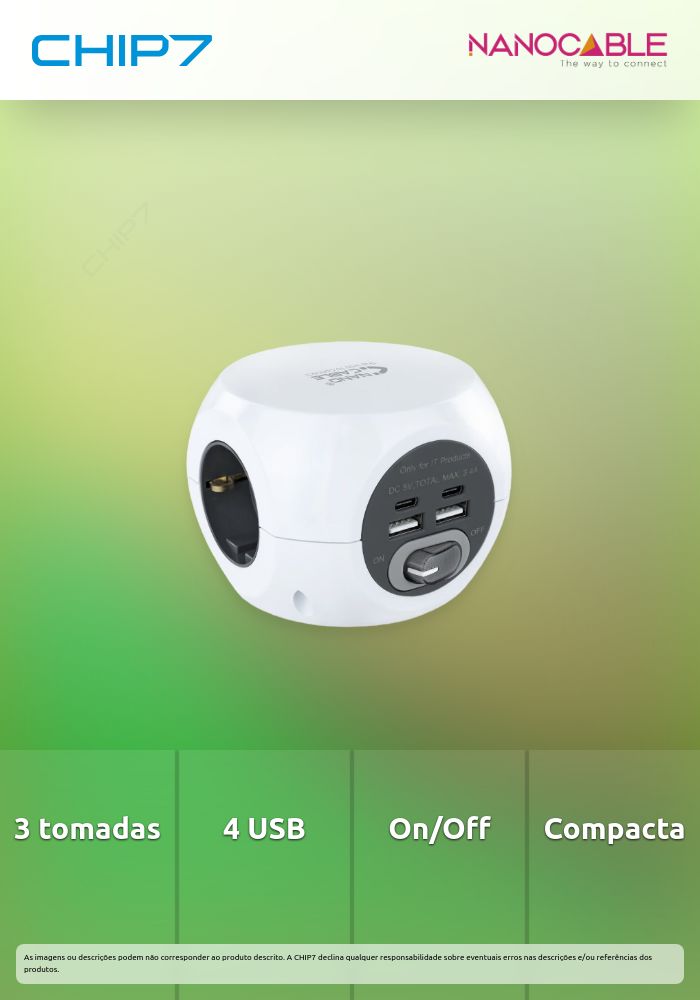 Base de 3 tomadas com 4 USB's (2 USB A / 2 USB-C) c/ interruptor