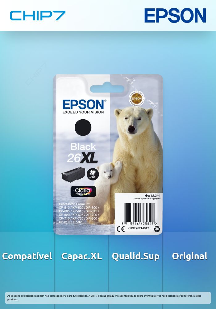 Tinteiro EPSON 26 Preto XL - Expression Premium XP-5xx/6xx/7xx/8xx