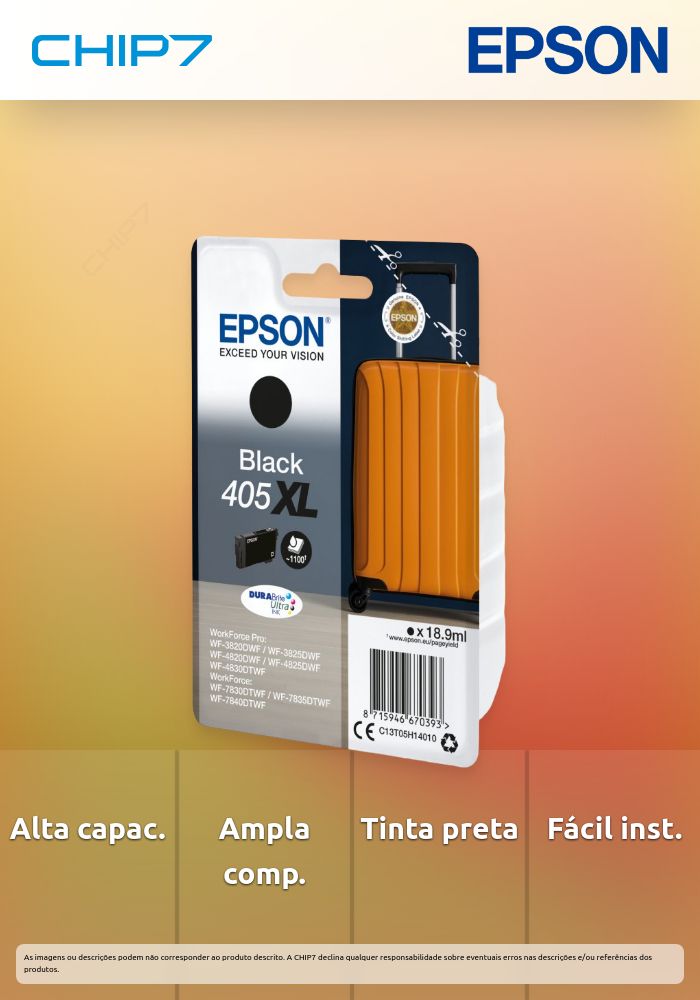Tinteiro EPSON 405 Preto XL - WF-3820/3825/4820/4825/4830/7830/7835/7840