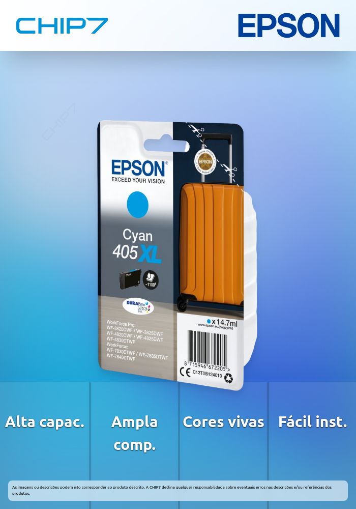 Tinteiro EPSON 405 Ciano XL - WF-3820/3825/4820/4825/4830/7830/7835/7840