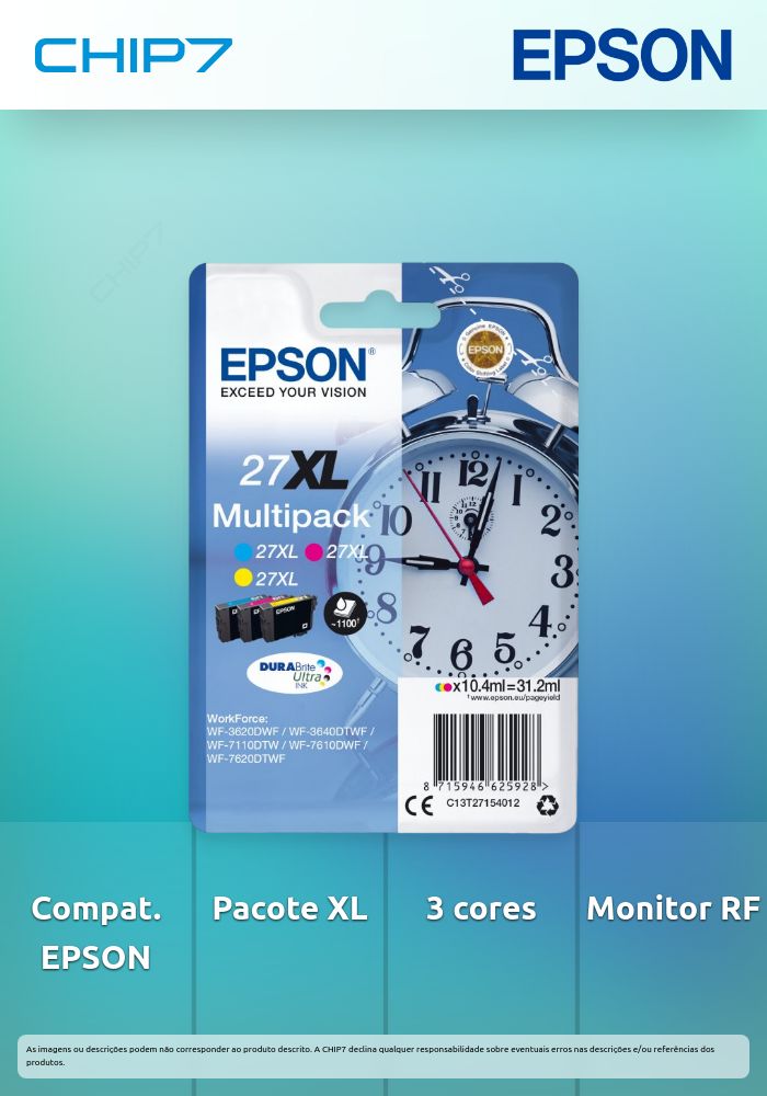 Tinteiro EPSON 27 Multipack 3 Cores XL + Alarme RF - WF-3620/3640/7110/7610/7620
