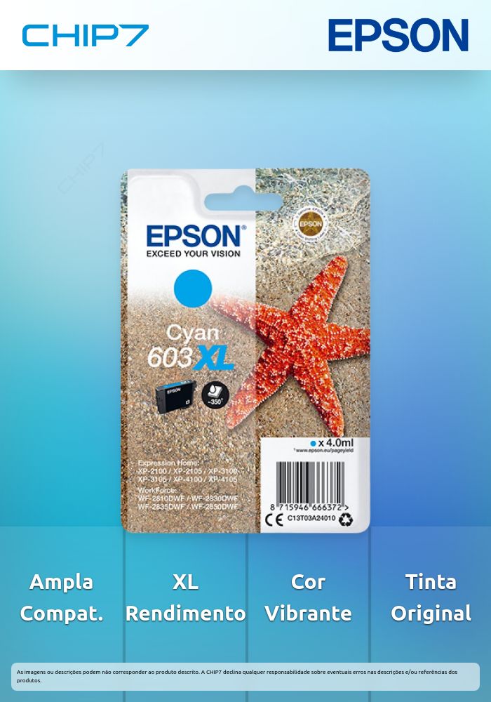 Tinteiro EPSON 603 Ciano XL - WF-28xx, XP-2100/2105/3100/3105/4100/4105