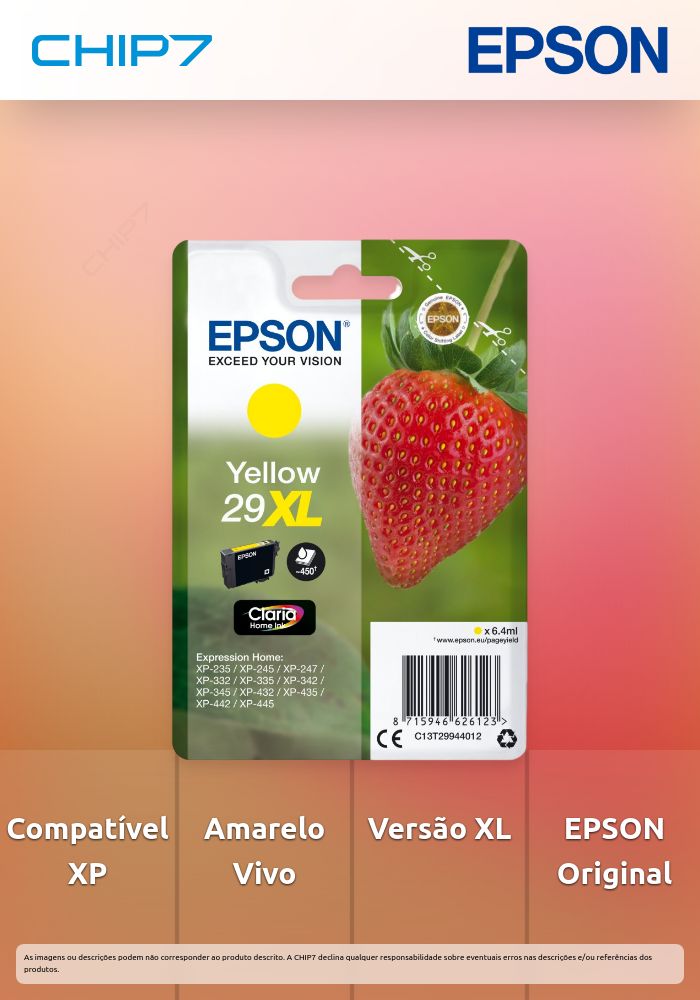 Tinteiro EPSON 29 Amarelo XL - Expression Home XP-255/257/352/355/452/455